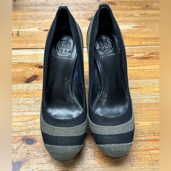 Tory Burch Canvas Striped Pumps Joelle Wood Heels Platforms - Picture 1 of 3